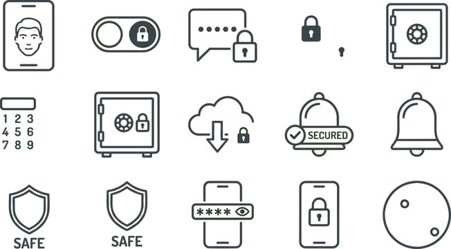 Data and personal security line icons set with face identification vault message lock cloud bell shield