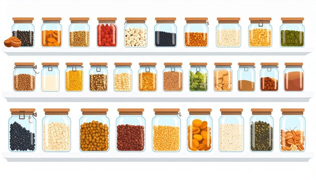 Colorful stacked spice jars on wooden shelf display.