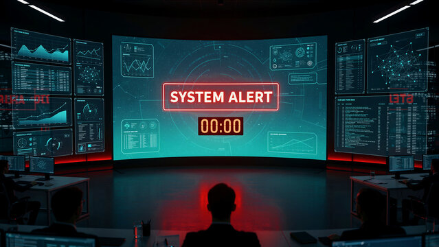 Tech team viewing a red system alert in a dark control room. Monitoring center screens show data analytics and countdown. Cyber security emergency concept for IT risk management.