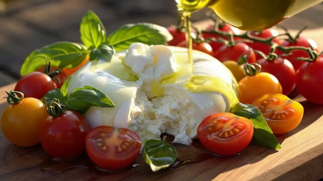 Pouring Golden Olive Oil Over Fresh Burrata Cheese and Cherry Tomato