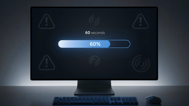 Loading bar on screen at 60 percent. Monitor showing system update status. Buffering concept for software development and web performance marketing.
