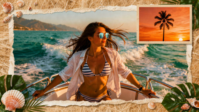 Young woman in bikini enjoying boat ride at sunset. Scenic ocean view with scrapbook collage elements and shells. Luxury travel and summer vacation concept for tourism marketing.