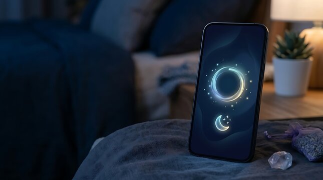 Smartphone with glowing sleep meditation app on a dark bed