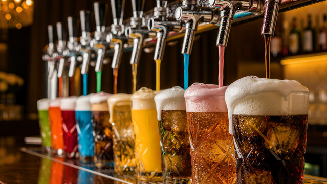 Row of colorful beverages pouring from chrome taps into glasses. Vibrant rainbow of craft drinks with overflowing foam in a bar. Beverage variety concept for brewery menus and nightlife marketing.