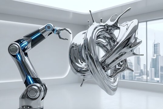 Creative AI Technology: Futuristic Robotic Arm Magnetically Sculpting Floating Reflective Liquid Metal Abstract Form Concept
