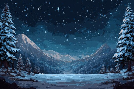 A pixel art winter landscape under a starry night sky