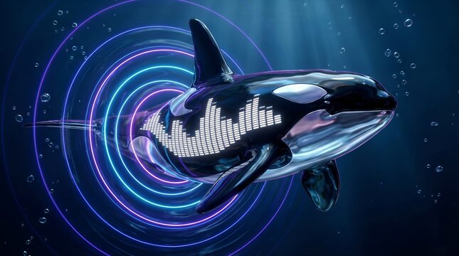 Abstract Sci-Fi Concept: Futuristic Ferrofluid Orca Robot Emitting Visible Neon Sound Waves and Digital Equalizer Patterns in Deep Ocean