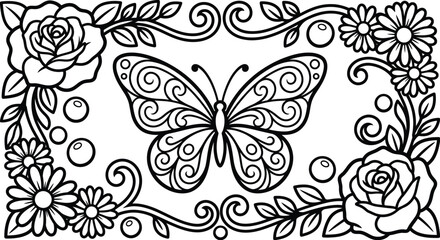 Intricate black and white butterfly coloring page featuring striking floral arrangements of roses and daisies. © Vector Design