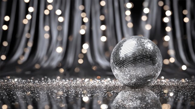 Shimmering disco ball on reflective surface with bokeh lights