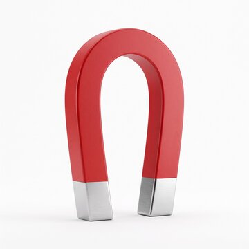 A vibrant red horseshoe magnet with metallic ends standing upright on a clean white background, symbolizing attraction and scientific principles.