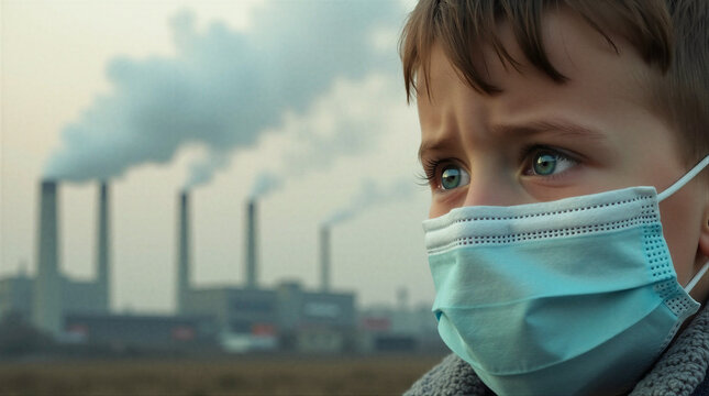 Close-up of the eyes of a worried child, a little boy in a protective medical mask on a blurry background of a factory with smoking pipes, air pollution and environmental crisis concept.