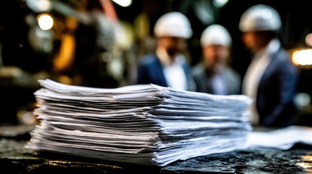 Stack of papers in industrial setting with three blurred figures in hard hats
