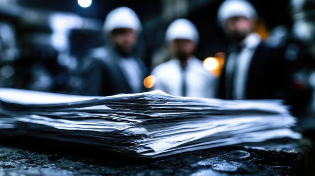 Three figures in hard hats stand behind a large stack of papers in dim light