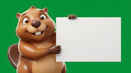 Fototapeta premium Cartoon beaver holding blank sign on green background