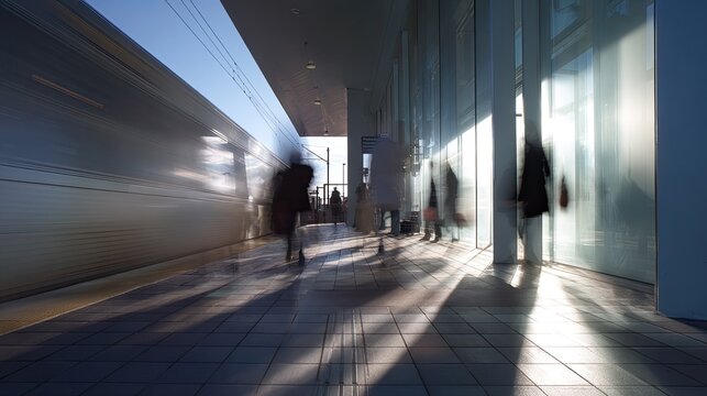 Motion blur captures a train arriving at a modern station with people