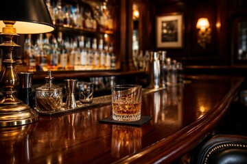 Obraz premium Elegant bar counter close-up, polished wood surface with sophisticated ambiance.