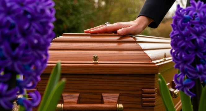 Mourner's hand resting on a polished wooden casket at a funeral service. Close-up of a person saying a final goodbye amidst purple flowers. Grief and loss concept for memorial and funeral services.