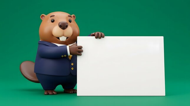 Beaver in a business suit holding a blank white sign