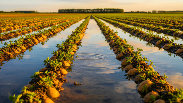 Flooded potato field with water filling furrows between rows of growing crops. Golden sunset light reflects on the water surface. Ideal for irrigation and crop management marketing campaigns.