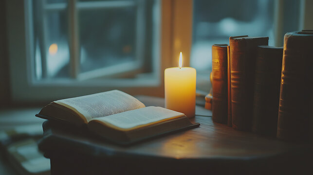 Books with candle on the table 