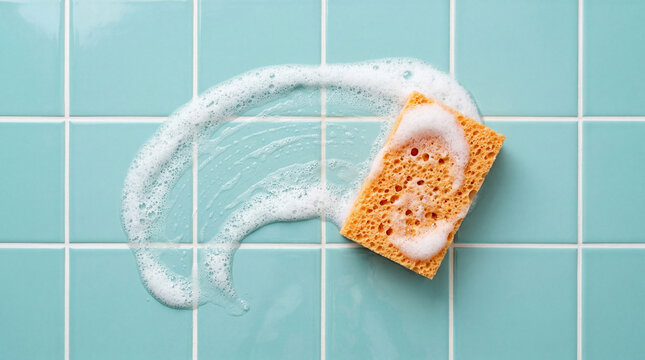 Cleaning a sponge on a light blue tiled surface with soap and bubbles around it during a daily cleaning routine