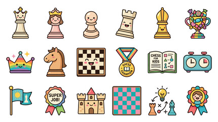 Kawaii chess icons set with cute smiling game pieces, 18 colorful vector elements for kids education, cartoon board game rewards and tournament graphics © sidra