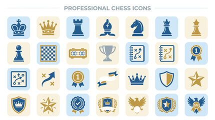 Professional chess icons set, flat vector board game elements in blue and gold, tournament strategy and competition symbols for sports apps © sidra