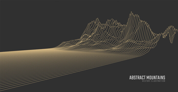 Contour mountain landscape. Waved line art. Abstract minimal topographic map. Contour lines with elevations and terrain depth. Vector illustration.