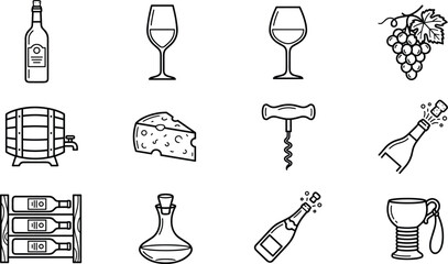 Fototapeta premium Wine tasting and winery line icons set with bottle glass barrel cheese opener decanter rack