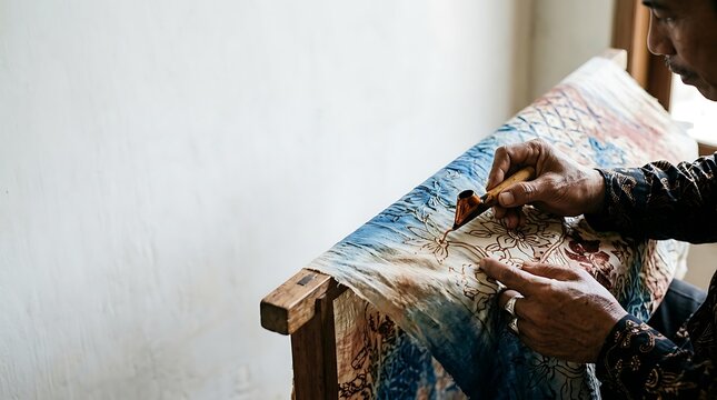 Artisan creating traditional batik patterns with hot wax on fabric