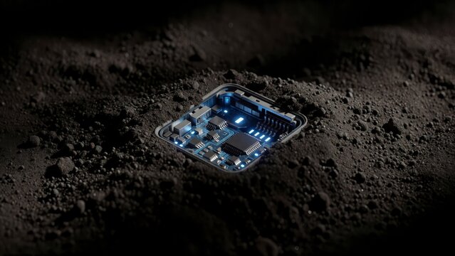 Glowing electronic circuit board embedded in dark rocky soil representing futuristic technology