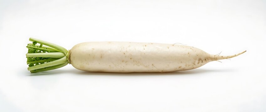Fresh whole daikon radish with green tops on white background