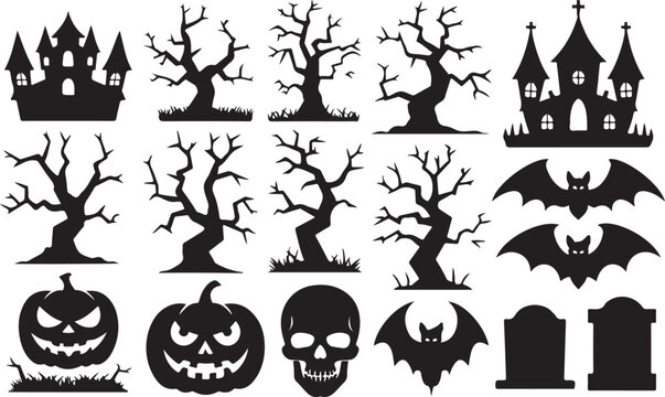 Spooky Halloween elements set featuring bare haunted trees evil pumpkins bats and eerie gravestones for designs