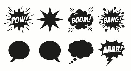 Comic Book Speech Bubbles And Explosions Black Silhouette Vector Graphics © Tanmoy