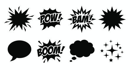 Comic Book Speech Bubbles And Explosions Black Silhouette Vector Graphics © Tanmoy