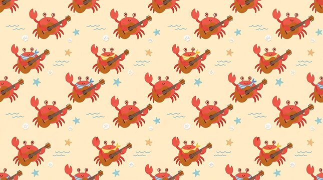 Happy cartoon crabs playing guitars on a sandy beach seamless pattern