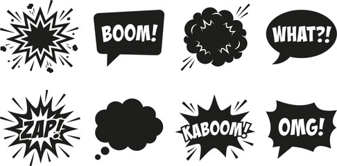 Comic book speech bubbles and explosion shapes black silhouette style © Tanmoy