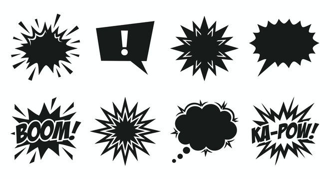 Comic Book Speech Bubbles And Explosions Black Silhouette Shapes