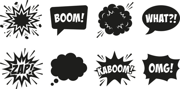 Comic book speech bubbles and explosion shapes black silhouette style