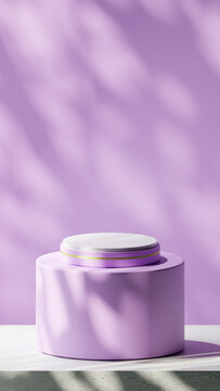 A luxurious podium in Mauve with Gold stripe. Placed on a Rounded board over Base cement texture with Mauve backdrop. Nature gobos light