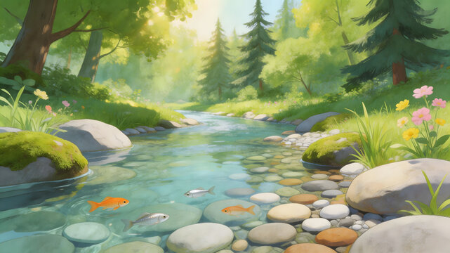 Clear stream with goldfish and mossy rocks in forest
