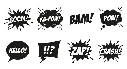 Comic book speech bubbles with onomatopoeia black vector illustration © Tanmoy