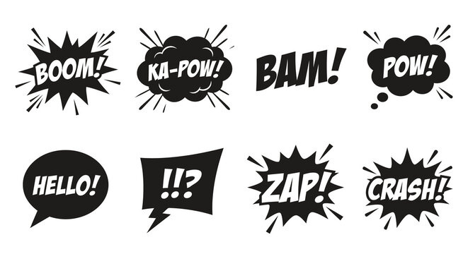Comic book speech bubbles with onomatopoeia black vector illustration