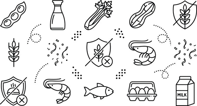 Food allergen icons and dietary restriction intolerance guide line art vector illustration doodle set