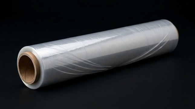 Roll of transparent plastic stretch wrap on black background