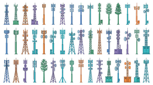 Collection of diverse telecommunication towers featuring various antenna designs and structures on a white background