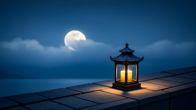 Chinese-style lantern with lit candle on stone ledge under full moon