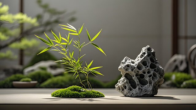 Young bamboo sprout with moss and porous rock on table