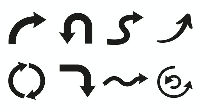 Circular and curved arrow set black silhouettes on white background