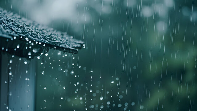 Raindrops falling from wet roof edge on blurred green background